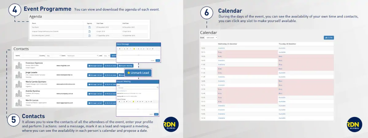RDN Global One2One system event programme, contacts list and calendar views